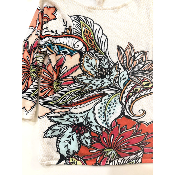 Chico's Sweater Womens Small 0 White Multicolor Floral Paisley Pullover Crewneck - Picture 2 of 6
